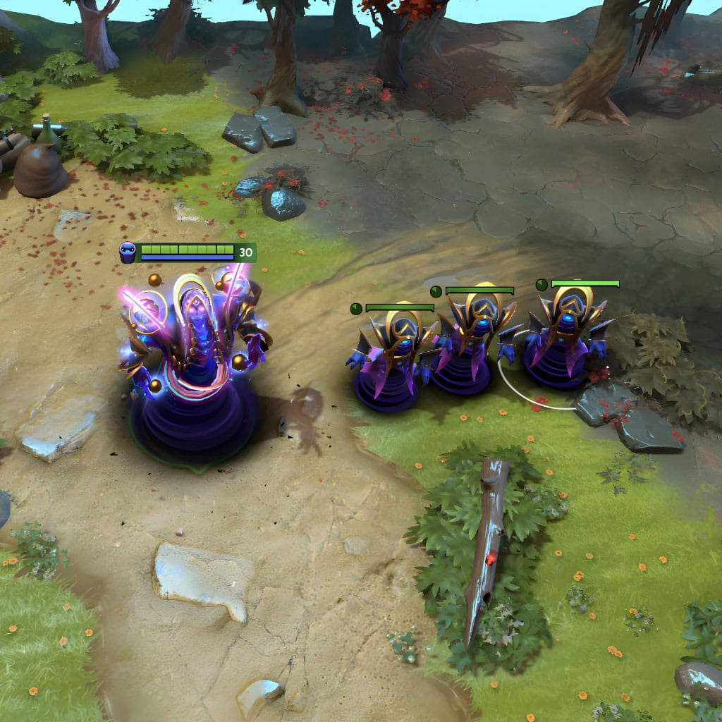 Gameplay screenshot showcasing the Evolution of the Infinite set for Enigma, highlighting his golden orrery armor and custom Eidolon models that are redesigned into unique cosmic beings.