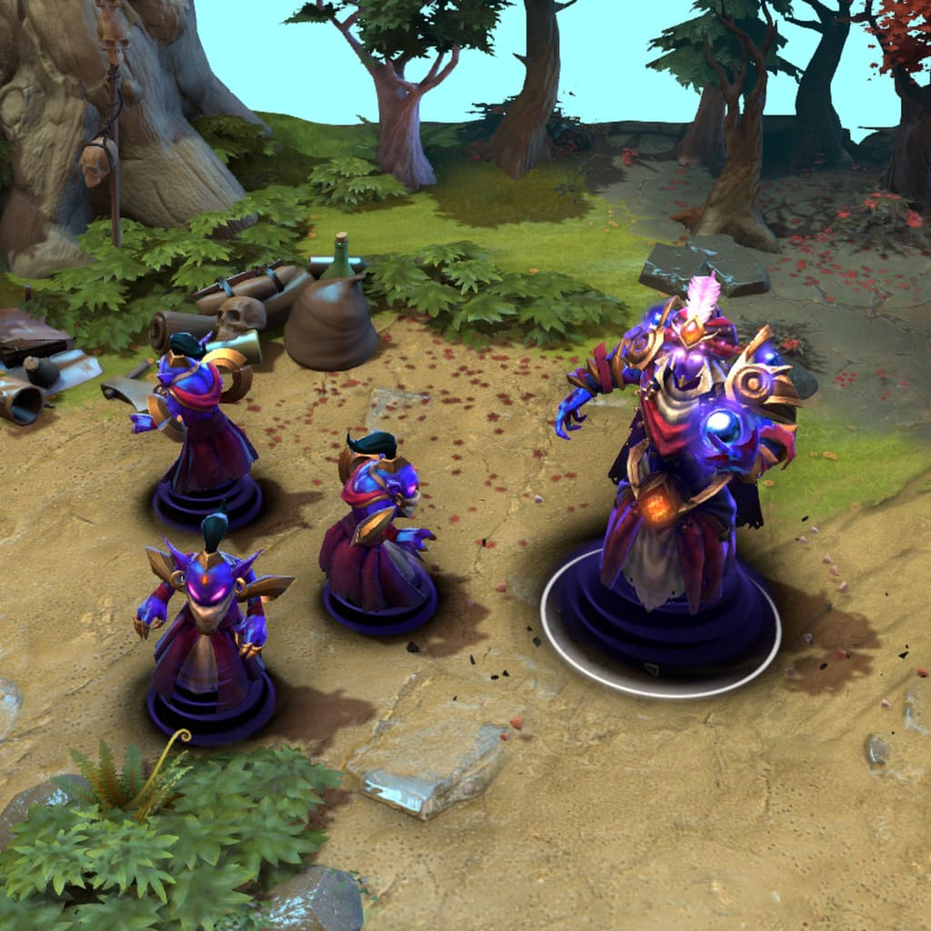 Enigma shown in-game wearing The Arts of Mortal Deception set. The cosmic robes, ornate golden armor, jeweled turban, masked visage of purple energy, and pulsating umbral core are clearly visible, with custom transformed Eidolons making his push even more visually striking.