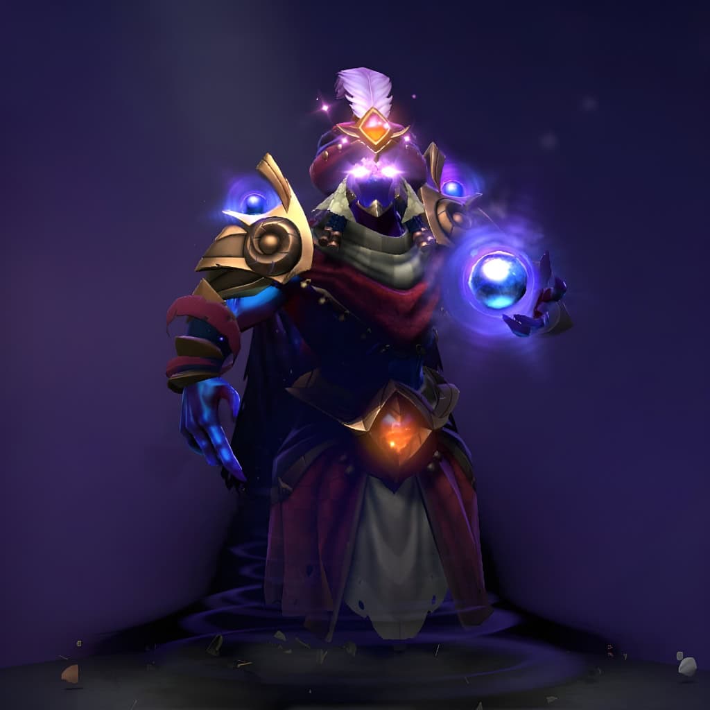 Enigma's "The Arts of Mortal Deception" from The International 2019 Collector's Cache. This Mythical set transforms him into a spectacle of cosmic dread. Features include cosmic robes, ornate golden armor with glowing blue orbs, a jeweled turban, masked visage with piercing purple energy, and a pulsating umbral core.