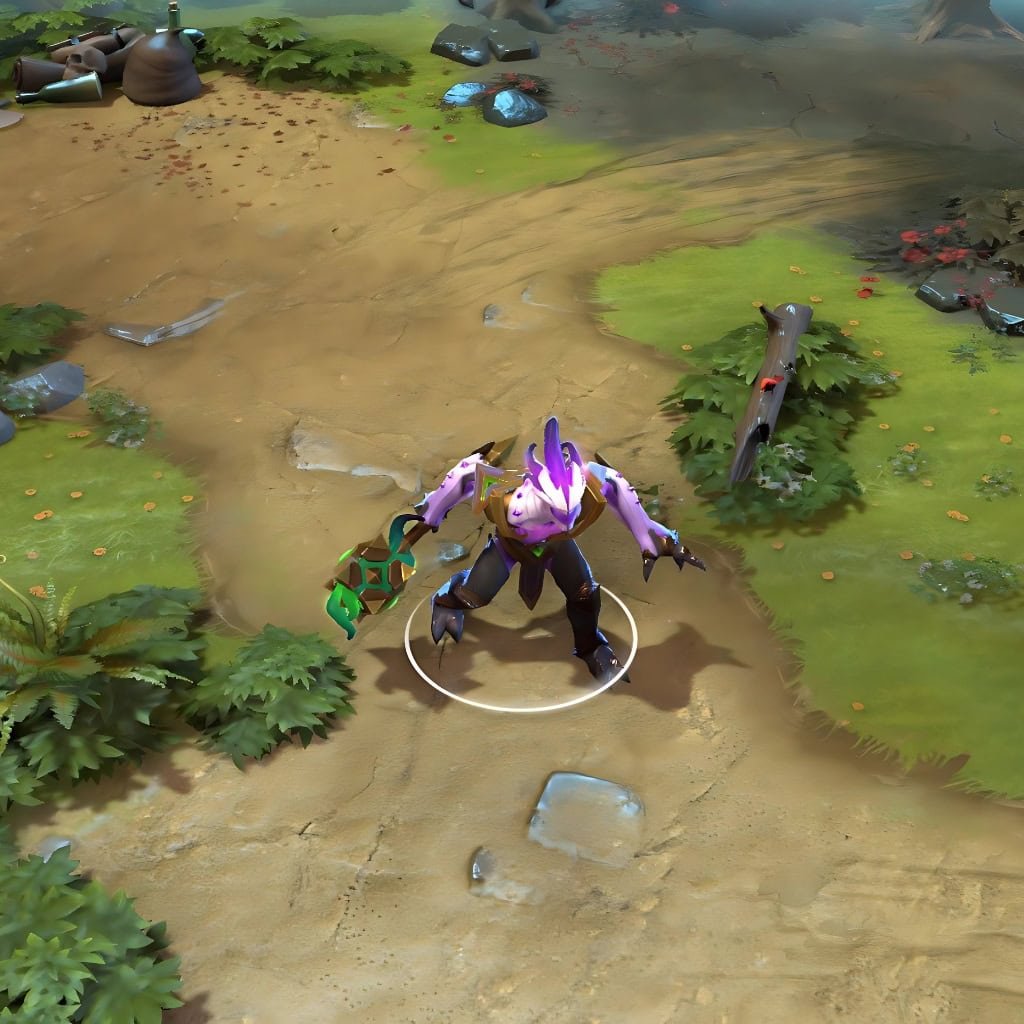 Faceless Void shown in-game wearing the Chines of the Inquisitor set. The otherworldly crest with vibrant purple radiating hair, sharp angular armor with gold trim and purple crystal inlays, and the verdant power mace enclosing a brilliant, pulsating green core are clearly visible, showcasing the set's full intimidating impact.