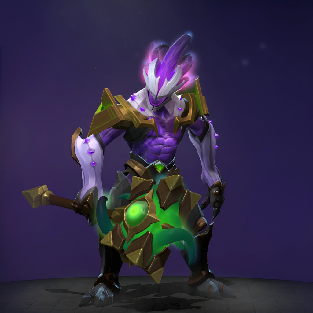 Faceless Void's "Chines of the Inquisitor" Diretide 2022 Collector's Cache set. Reworks the hero with a severe, authoritative theme, featuring an otherworldly crest with vibrant, radiating purple alien hair, sharp angular armor with gold trim and purple crystal inlays, and a verdant power mace enclosing a brilliant, pulsating green core.