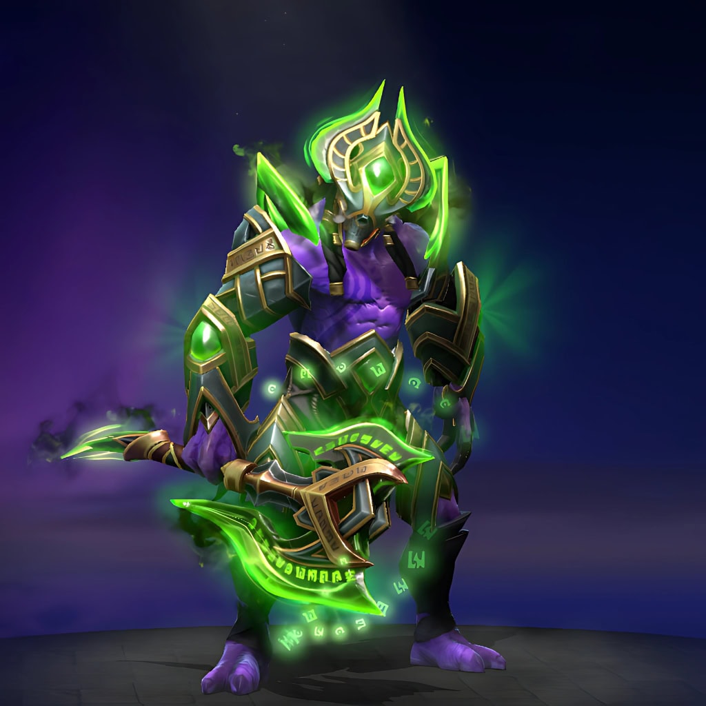 Faceless Void in the Claszureme Incursion set, featuring dark geometric armor with glowing green energy and the double-edged Axe of Claszureme.