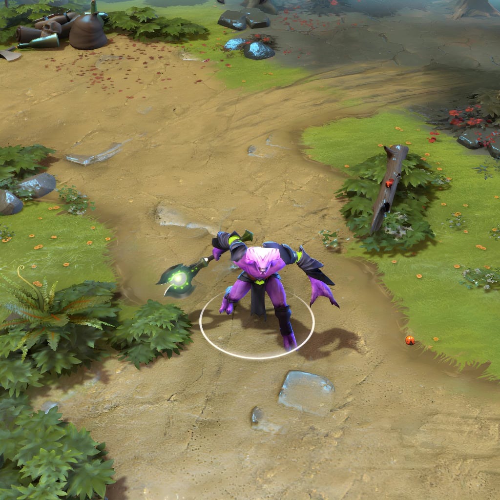 A gameplay screenshot of Faceless Void's default model in Dota 2. This serves as a baseline to contrast with the enhanced in-game visuals, unique radiating purple alien hair, custom angular armor, and powerful verdant power mace of the Chines of the Inquisitor cosmetic set.