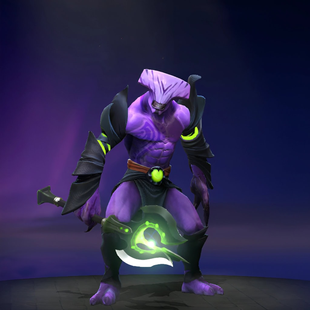 The default skin of Faceless Void, shown for comparison with the Claszureme Incursion set. This highlights the transformation into an alien warrior with geometric armor, a unique bio-mechanical helmet, and the custom double-edged axe.