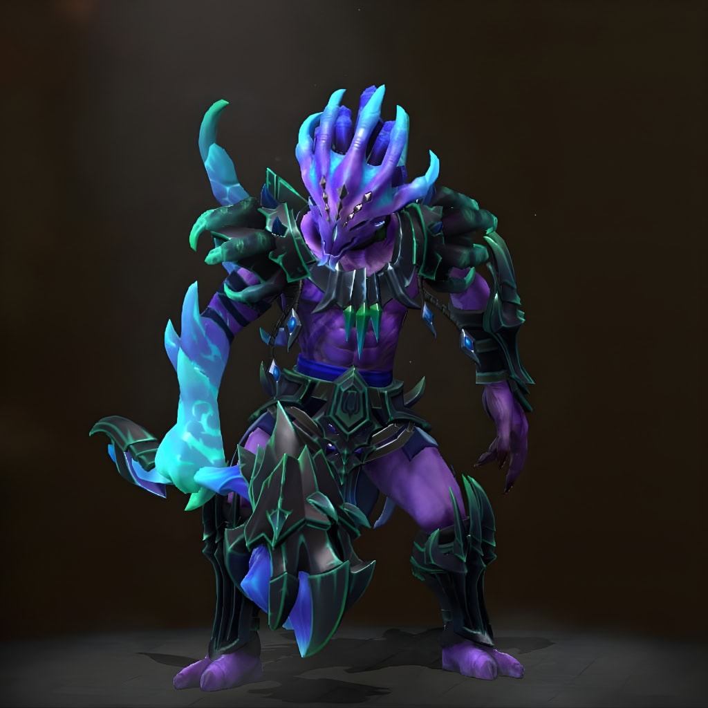 Tendrils of the Timeless set for Faceless Void from the Winter 2024 Heroes Hoard. This Dota 2 skin shows him in jagged purple and teal alien armor with a spiked helm and a glowing gauntlet.