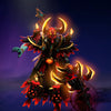 Image of the Herald of the Ember Eye cosmetic set for Grimstroke, from The International 10 Collector's Cache in Dota 2, featuring a formidable horned headdress with a central glowing Ember Eye, crimson and obsidian armor with golden accents, an empowered brush of souls, and sinister candle-lit adornments.