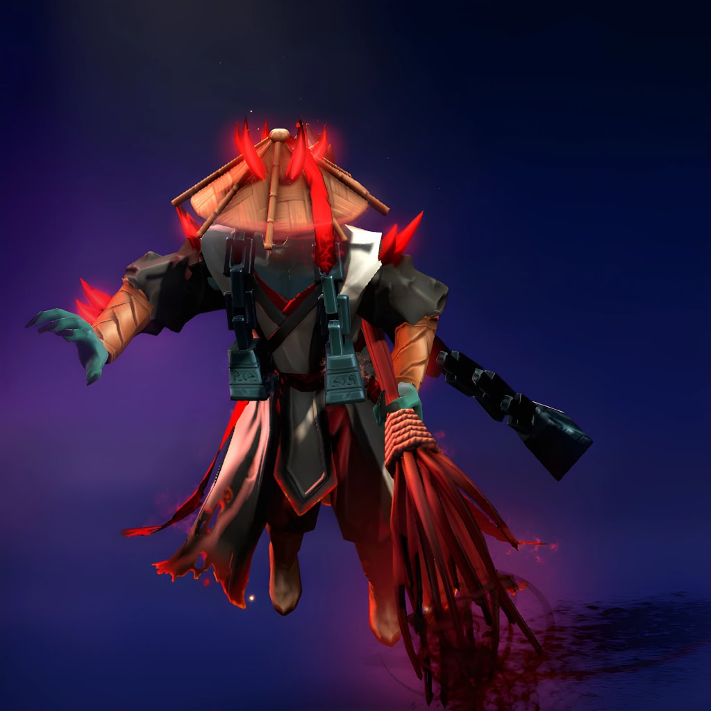 Grimstroke's "The Chained Scribe" Aghanim's 2021 Collector's Cache set. Features elaborate, layered robes in shadowy hues and stark reds, imposing ornate chains, and a striking conical hat with crimson talismans. Conveys immense power held in check.