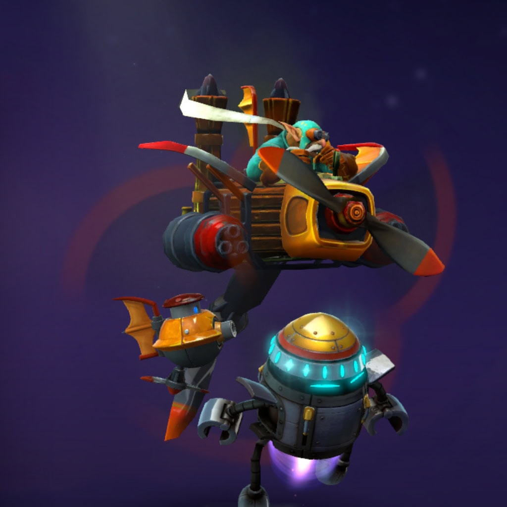 Dota 2 Immortal item, B.U.S.T.E.R., is a robotic companion for Gyrocopter with a bullet-shaped chassis and glowing cyan photoreceptors.