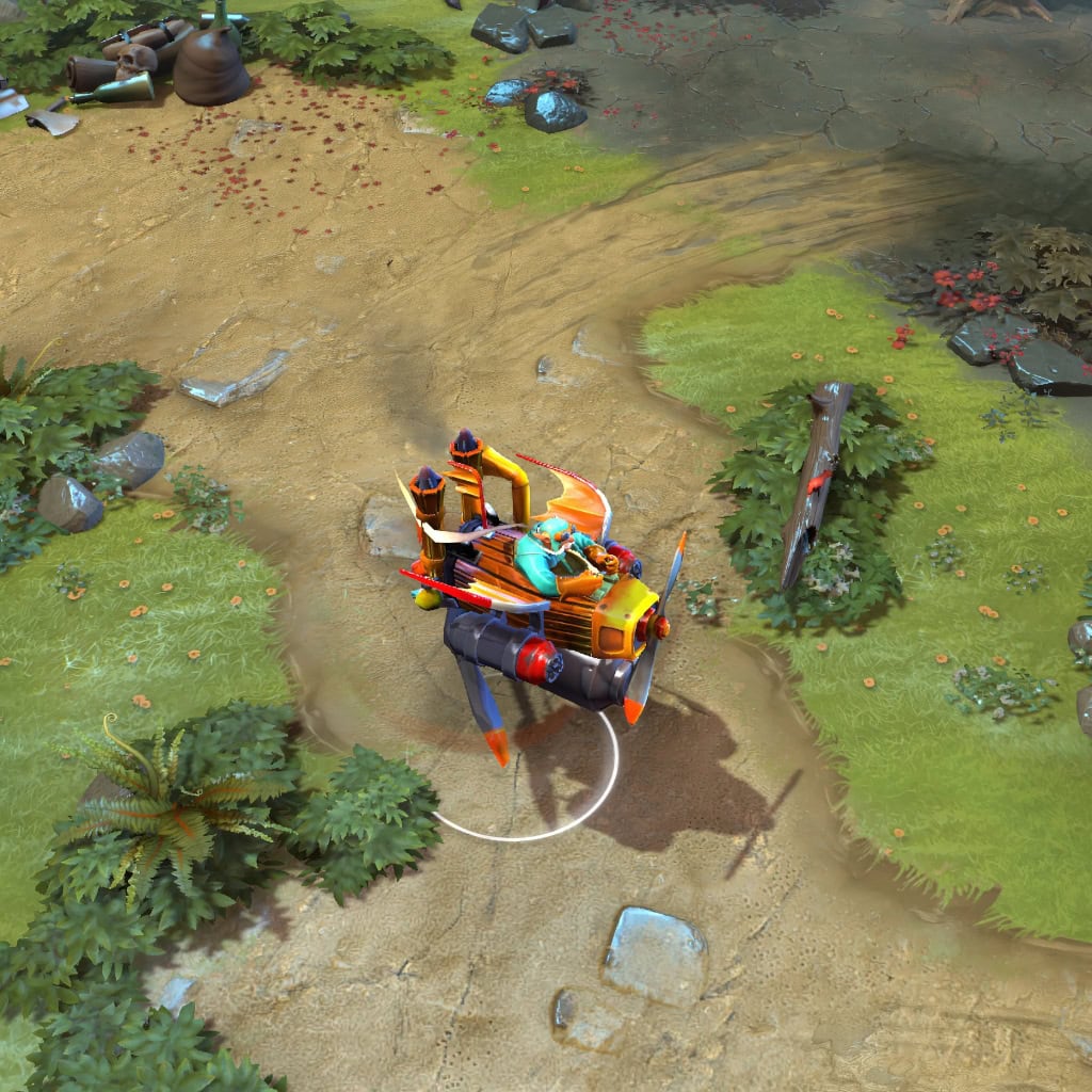 A gameplay screenshot of Gyrocopter's default model in Dota 2. This serves as a baseline to contrast with the unique thematic design and striking visual elements of the Arcane Inverter cosmetic set.