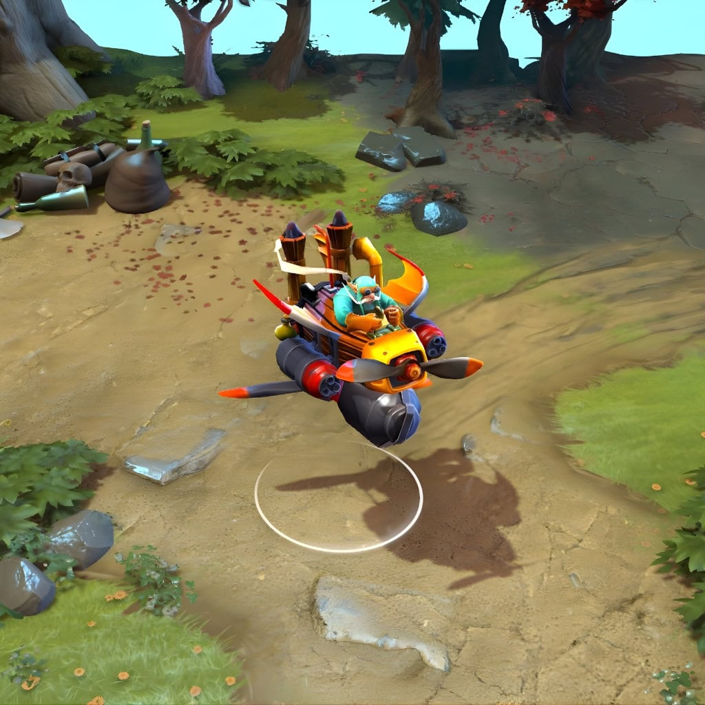 A gameplay screenshot of Gyrocopter's default model in Dota 2. This serves as a baseline to contrast with the predatory intent and unique ambient effects of the Mechalodon Interdictor cosmetic set.