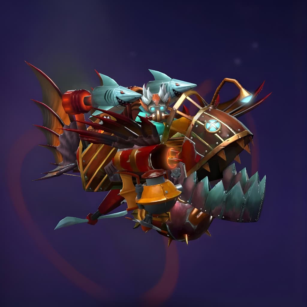 Gyrocopter's "Mechalodon Interdictor" Mythical set from The International 2017 Collector's Cache. This skin transforms his aircraft into a mechanical shark with a toothy maw, shark-tipped missiles, and a glowing anglerfish lure. The pilot wears a custom rebreather with luminous blue goggles. He is shown mid-flight against a dark background.