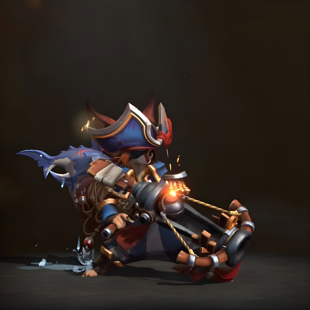Hoodwink Bilge Rat Buccaneer set from the Winter 2024 Heroes Hoard. This Dota 2 Collector's Cache skin shows her as a pirate with a tricorn hat, eyepatch, and a large cannon-crossbow.
