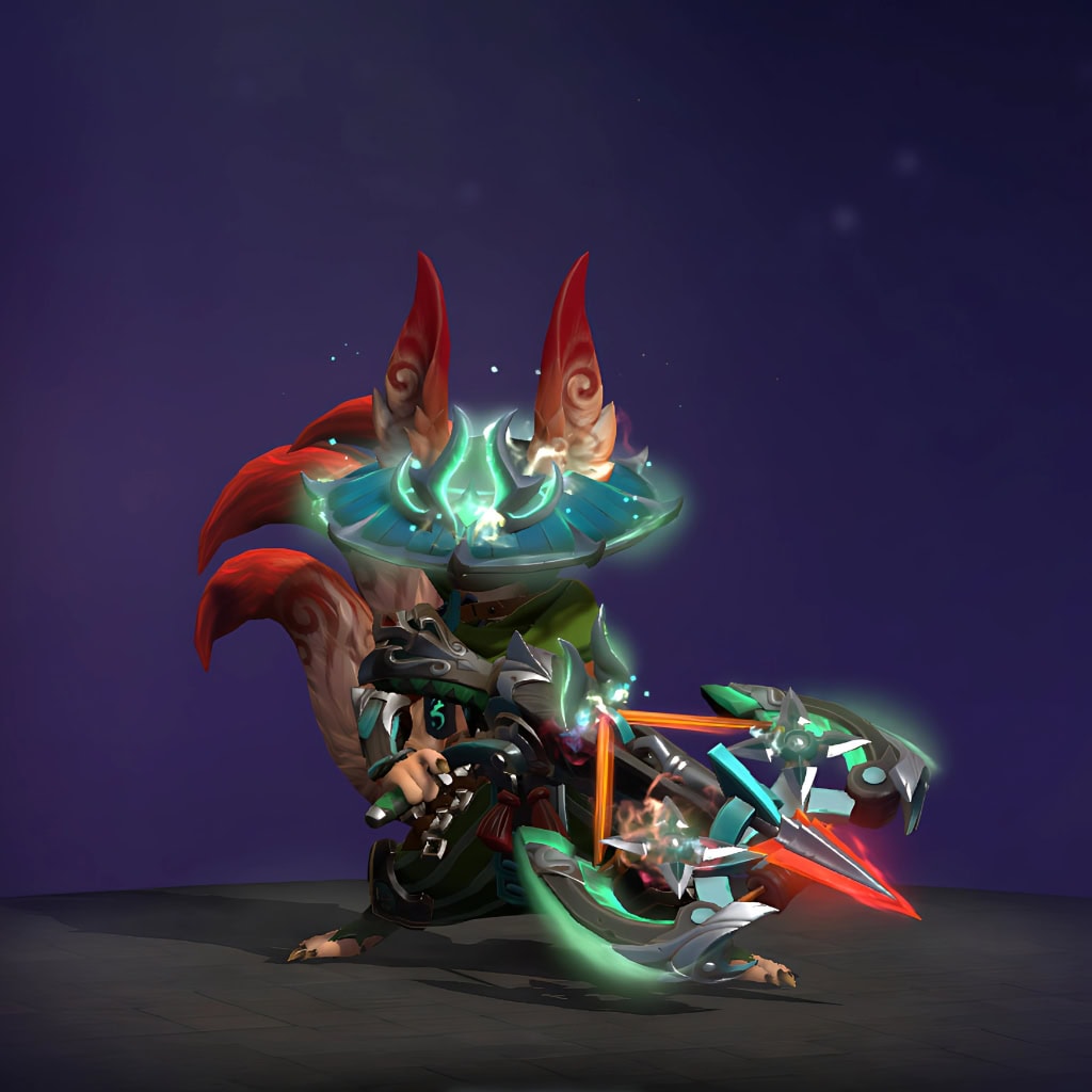 Hoodwink's "Shadowleaf Insurgent" Diretide 2022 Collector's Cache set. Transforms the sharpshooter into a mystical, nine-tailed warrior of the woods, featuring a magnificent flourish of nine bushy tails, an ornate glowing headdress, and a redesigned angular crossbow.