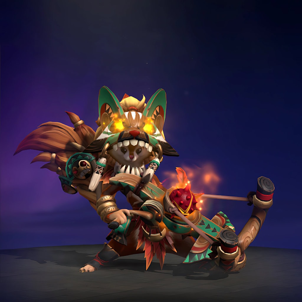 Envision Hoodwink adorned in the breathtaking "Tomo'kan Footsoldier" gear from Dota 2's Summer 2023 Collector's Cache. It features an intricate, ancient-mystique mask with fierce fangs and luminous orange eyes, alongside a transformed crossbow with exquisite carvings and primal energy, all in deep greens, fiery oranges, and rich browns.