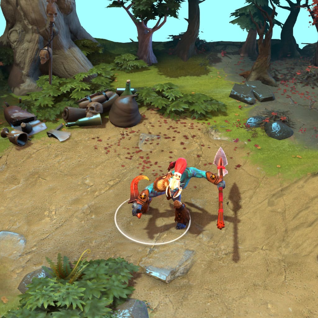 A gameplay screenshot of Huskar's default model in Dota 2. This serves as a baseline to contrast with the enhanced in-game visuals, fiery particle effects, and imposing silhouette of the Pursuit of the Ember Demons cosmetic set.