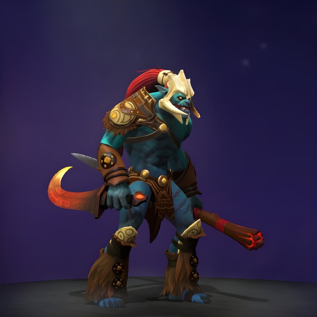 The default skin of Huskar, shown for comparison with the Pursuit of the Ember Demons set. This highlights the transformation into a fearsome spectacle with an infernal crested helm, demonic bulwark shield, ember-forged spears, and ornate red and gold tribal armor.