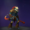 The default skin of Huskar, shown for comparison with the Pursuit of the Ember Demons set. This highlights the transformation into a fearsome spectacle with an infernal crested helm, demonic bulwark shield, ember-forged spears, and ornate red and gold tribal armor.