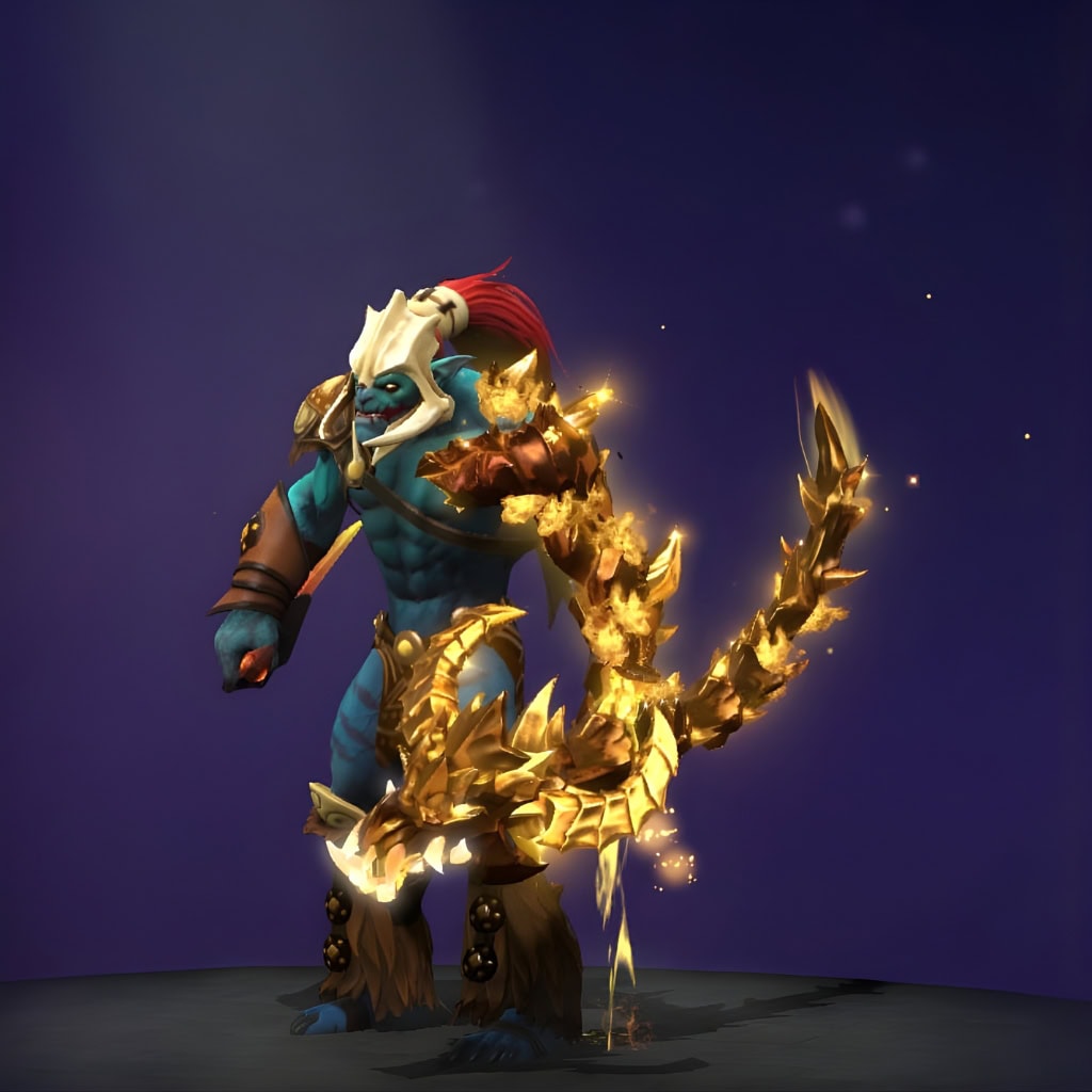 Dota 2 Immortal item, Golden Draca Maw, is a gilded dragon's maw weapon for Huskar with a core of smoldering embers.