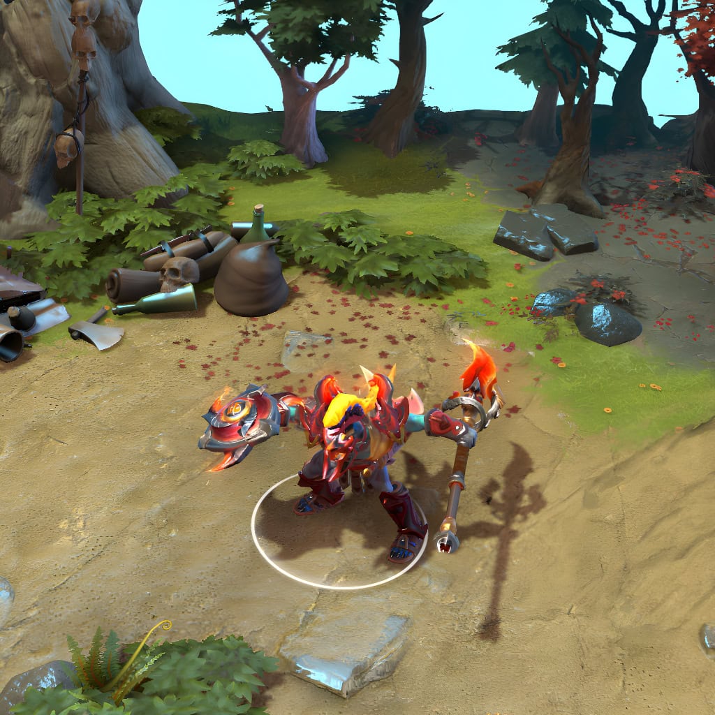 Huskar shown in-game wearing the Pursuit of the Ember Demons set. The infernal crested helm with its blazing yellow plume, the demonic bulwark shield's fiery sigil, ember-forged spears, and ornate tribal armor are clearly visible, showcasing the set's full impact.
