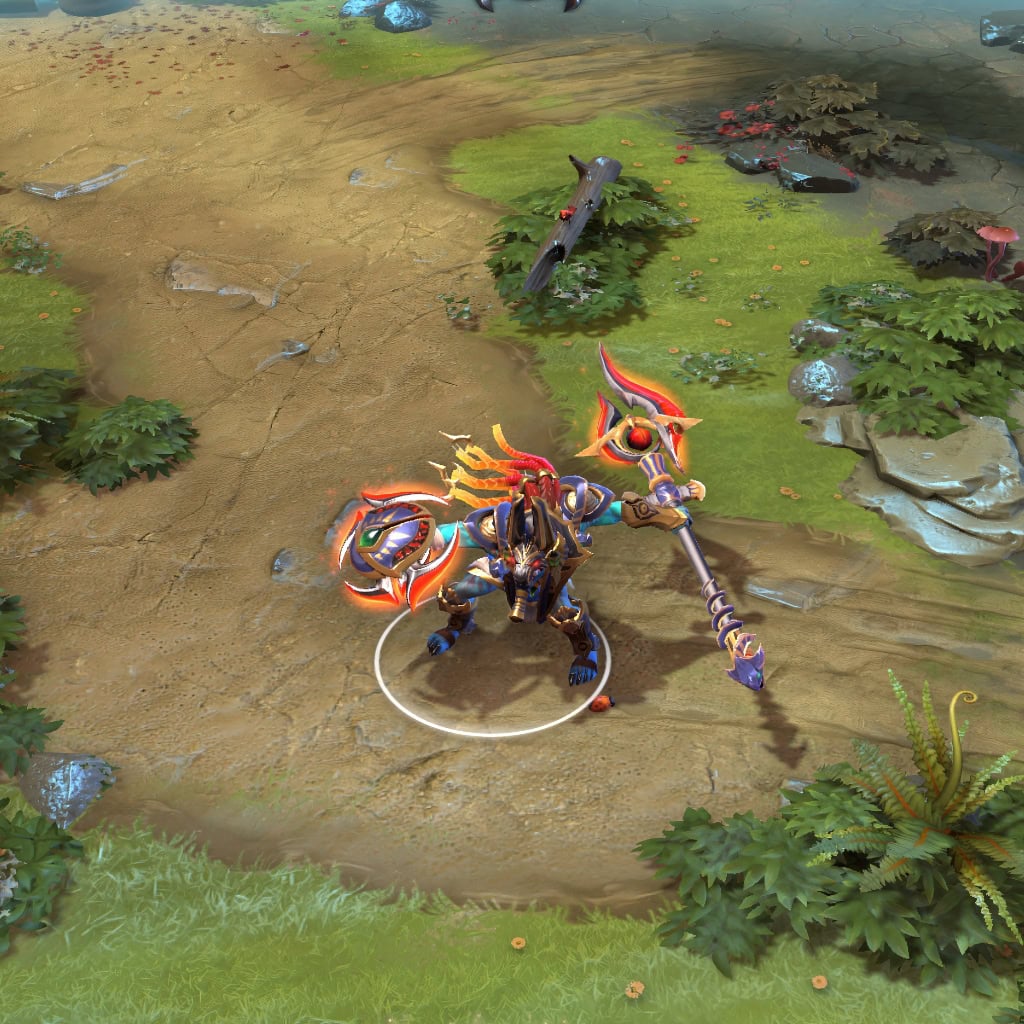Huskar shown in-game wearing the Sacred Chamber set. The Anubis warhelm with glowing crimson eyes, ornate hieroglyphic armor, serpent-headed spears with orange energy, and fiery-tipped braids are all clearly visible, showcasing the set's full intimidating presence and divine authority during battles.