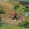 Huskar shown in-game wearing the Sacred Chamber set. The Anubis warhelm with glowing crimson eyes, ornate hieroglyphic armor, serpent-headed spears with orange energy, and fiery-tipped braids are all clearly visible, showcasing the set's full intimidating presence and divine authority during battles.