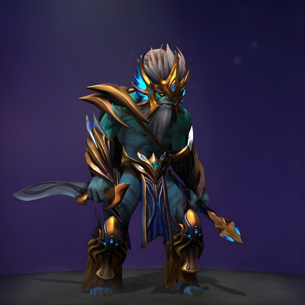 Huskar's "Samareen Sacrifice" Mythical set from The International 2017 Collector's Cache. This rare set transforms him into a god of the sea, featuring aqua skin with luminous patterns, ornate gold and deep-sea blue armor, a regal headpiece with glowing blue fins, a flowing white beard, and a golden trident. He is posed against a dark background.