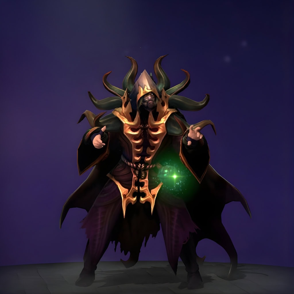 Invoker's "Covenant of the Depths" Mythical set from The International 2017 Collector's Cache. This skin transforms him into a menacing high priest of the deep, featuring an eldritch, tentacled hood, sharp chitinous golden armor, and dark indigo robes. He is posed against a dark background, conjuring a glowing green reagent orb.