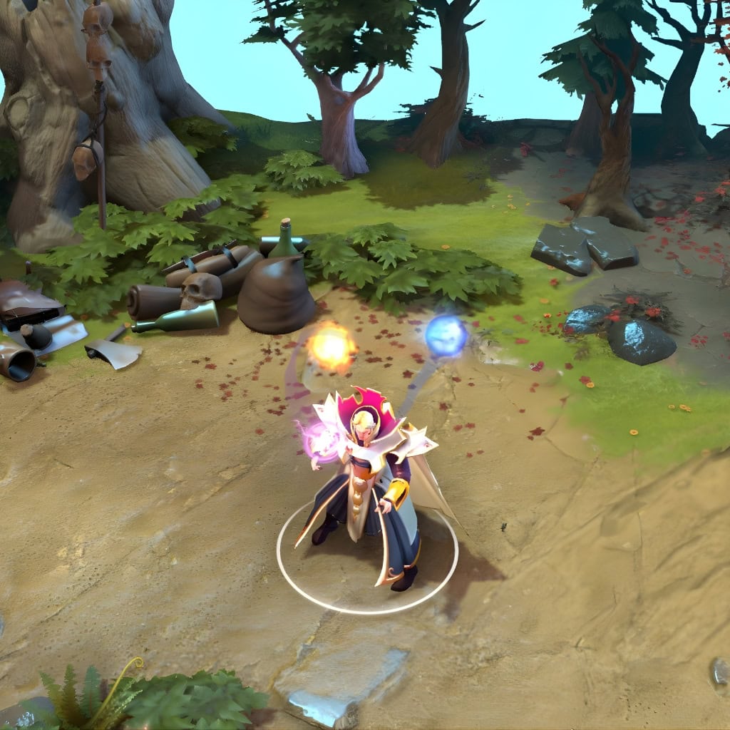 A gameplay screenshot of Invoker's default model in Dota 2. This serves as a baseline to contrast with the enhanced in-game visuals and dark fantasy aesthetic of the Covenant of the Depths cosmetic set.
