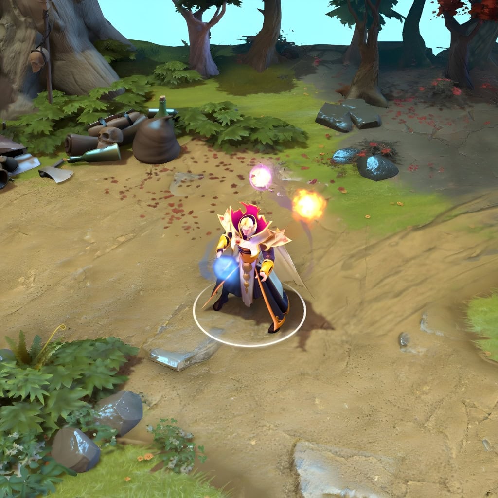 A gameplay screenshot of Invoker's default model in Dota 2. This serves as a baseline to contrast with the cosmic aesthetic, unique silhouette, and custom particle effects of the Fate Meridian cosmetic set.