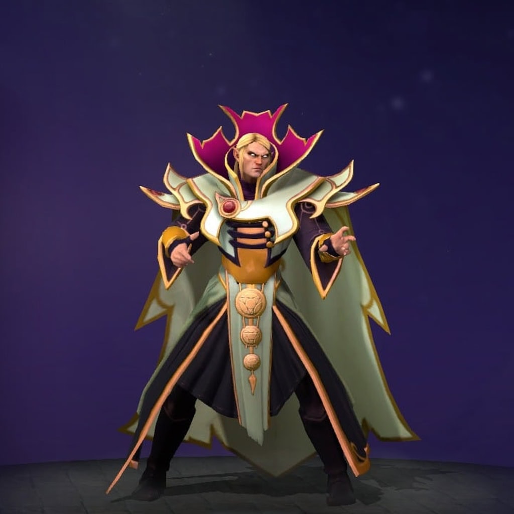 The default skin of Invoker, shown for comparison with the Fate Meridian set. This highlights the transformation from his classic Arsenal Magus appearance to a celestial cartographer with an ornate mantle, star-shaped orbs, and a crystalline Forged Spirit.