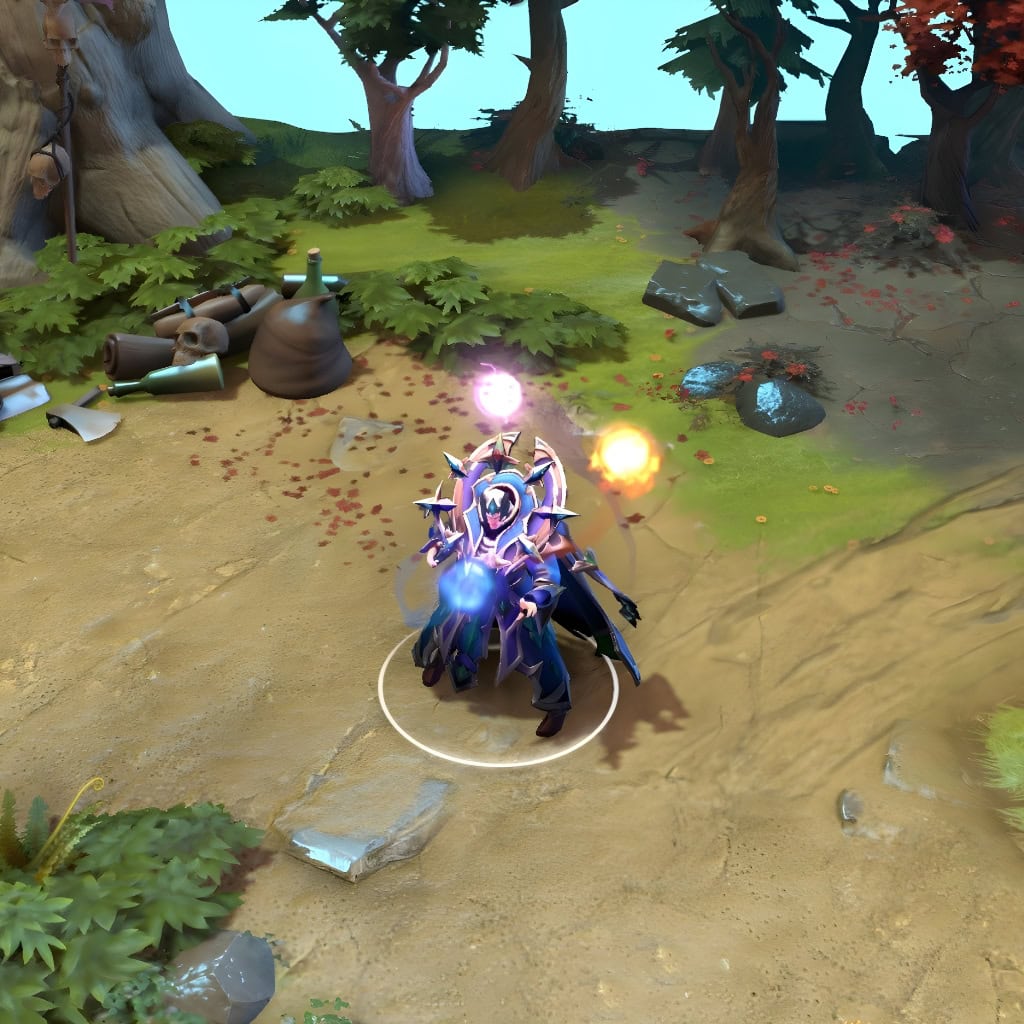 Invoker shown in-game wearing the Fate Meridian set. The deep cosmic blue robes, ornate astral mantle, and the crown of glowing four-pointed teal star orbs are clearly visible, creating a commanding silhouette and showcasing the set's celestial theme in action.