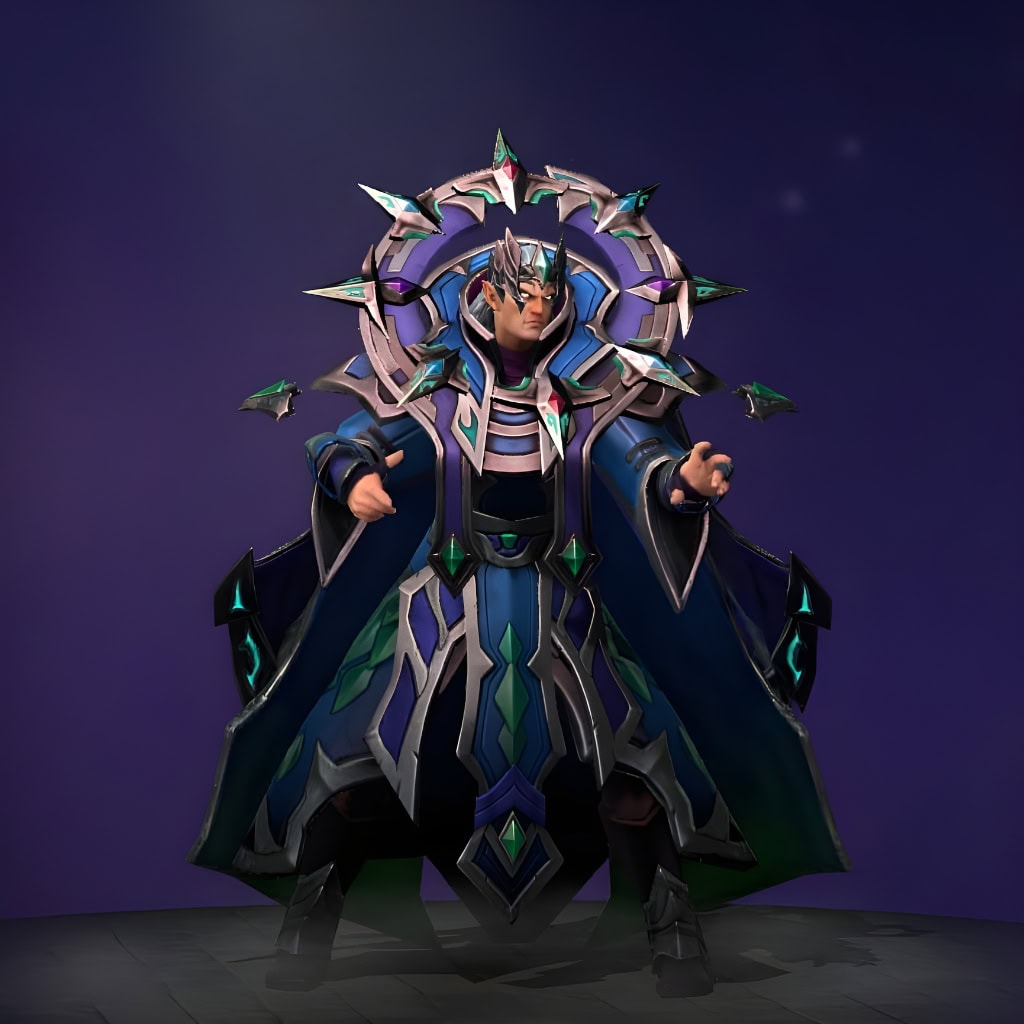 Invoker's "Fate Meridian" The International 2018 Collector's Cache set. A celestial cartographer theme with cosmic blue robes and luminous emerald crystals. The set features an ornate astral mantle, a crown of four-pointed star orbs, and a redesigned angular, crystalline Forged Spirit.