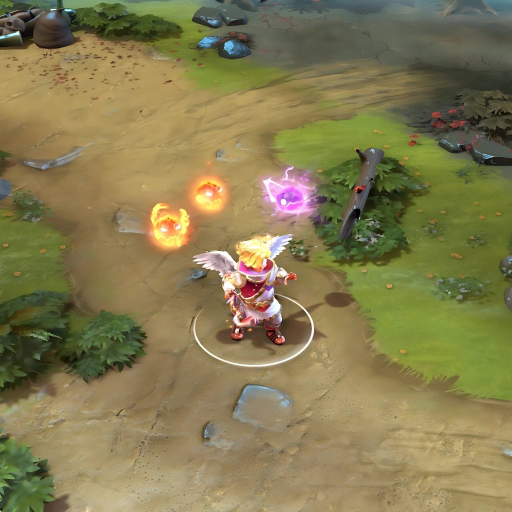 Invoker Kid Persona shown in-game wearing the Angel of Vex set. The divine wings, ornate robe, and unique animated elemental spirits for Exort (fiery), Wex (violet lightning), and Quas (icy-blue) are clearly visible, showcasing the set's full impact.