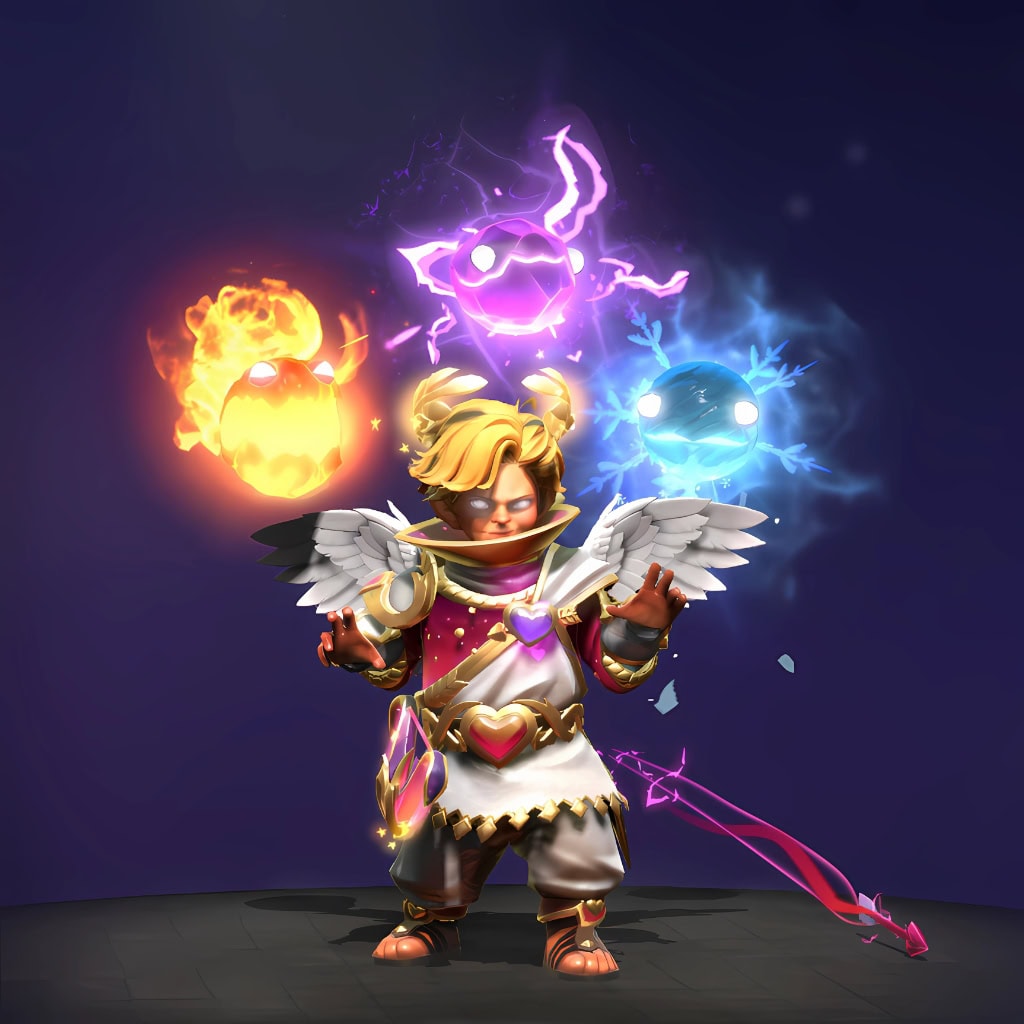 Invoker Kid Persona's "Angel of Vex" Diretide 2022 Collector's Cache set. Reimagines the young Invoker as a mischievous, cherubic force with divine wings, an ornate robe, and iconic orbs transformed into living, animated elemental spirits for Exort (fiery), Wex (violet lightning), and Quas (icy-blue).