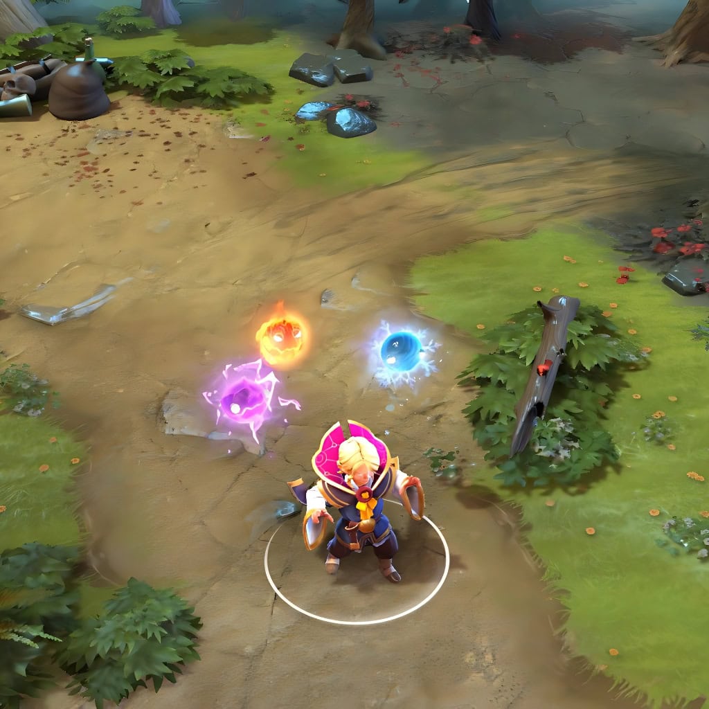 A gameplay screenshot of Invoker Kid Persona's default model in Dota 2. This serves as a baseline to contrast with the enhanced in-game visuals, unique divine wings, and iconic orbs transformed into living elemental spirits of the Angel of Vex cosmetic set.