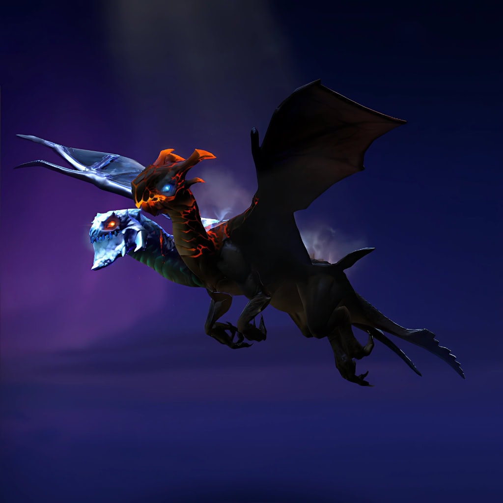 The default skin of Jakiro, shown for comparison with the Ancestral Heritage set. This highlights the transformation into a fusion of primal power, emphasizing the dual heads representing arctic ice with blue glows and molten fury with orange embers of this exclusive Summer 2023 Collector's Cache skin.