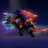 Image of the Fissured Flight cosmetic set for Jakiro, from The International 10 Collector's Cache in Dota 2, featuring a dual-headed dragon with one head icy blue and the other fiery orange, with glowing scales and wings.