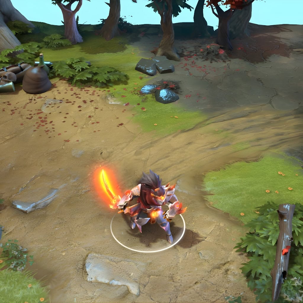 Juggernaut shown in-game wearing the Ancient Exile set. The exquisite armor, mystical fiery highlights, and the glowing, dynamically burning sword are clearly visible, making every slash and Omnislash a captivating spectacle on the battlefield.