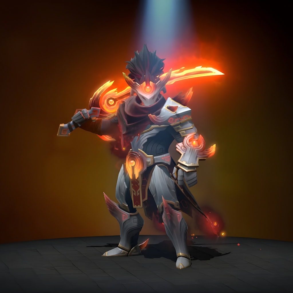 Juggernaut's "Ancient Exile" set from the Crownfall 2024 Collector's Cache. Become a legend with this design featuring white and grey samurai-inspired armor, crimson accents, and a glowing, fiery sword that burns with ancient power. Exquisite detailing creates a mystical silhouette.