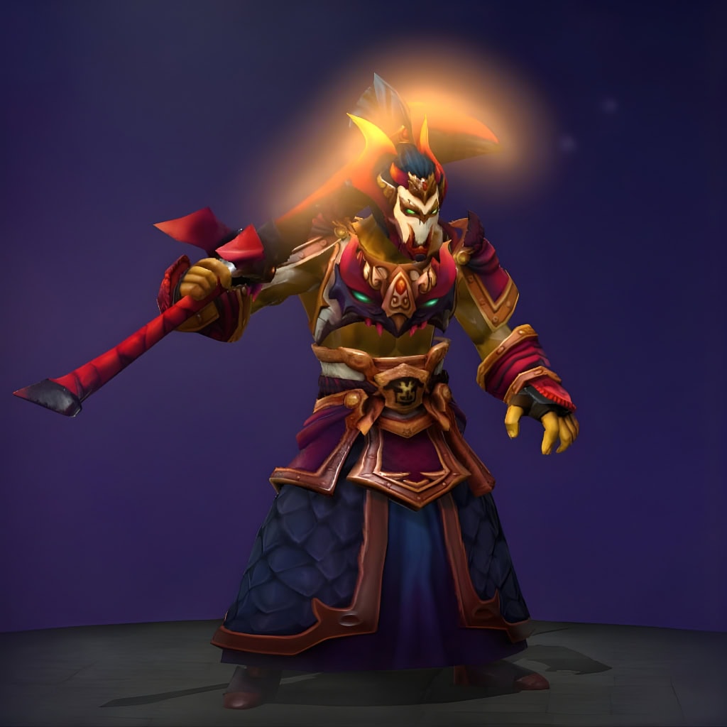 Juggernaut's "Armor of the Unyielding Mask" The International 2015 Collector's Cache set. Transforms Yurnero into a fearsome samurai. Features an imposing crimson-and-gold mask, intricate layered armor with dark scale-like plating, and a massive single-edged blade that pulses with an inner, fiery orange glow.