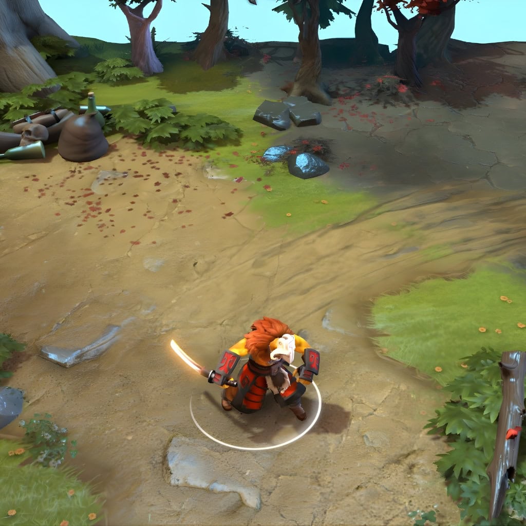 A gameplay screenshot of Juggernaut's default model in Dota 2. This serves as a baseline to contrast with the vibrant and dynamic effects, stunning visuals, and unmatched style of the Ancient Exile cosmetic set.
