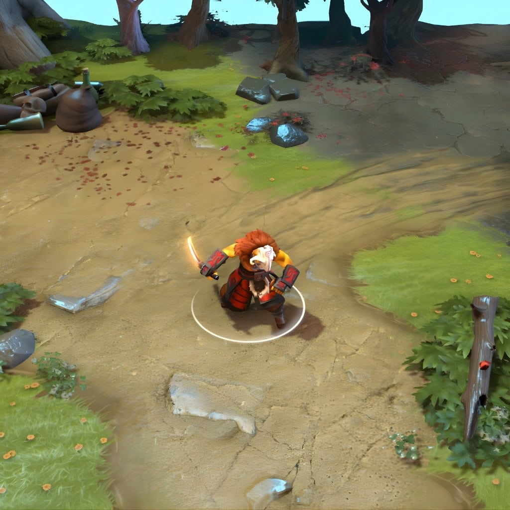 A gameplay screenshot of Juggernaut's default model in Dota 2. This serves as a baseline to contrast with the formidable presence and visually superior effects of the rare Armor of the Unyielding Mask set from The International 2015 Collector's Cache.