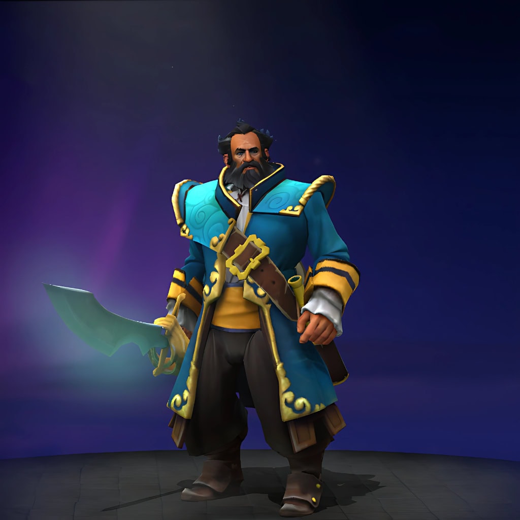 The default skin of Kunkka, shown for comparison with the Sea Spirit set. This highlights the transformation into a spectral admiral, emphasizing the ethereal blue glow, deep-sea details, barnacle textures, and glowing spectral sword of this exclusive Summer 2023 Collector's Cache skin.