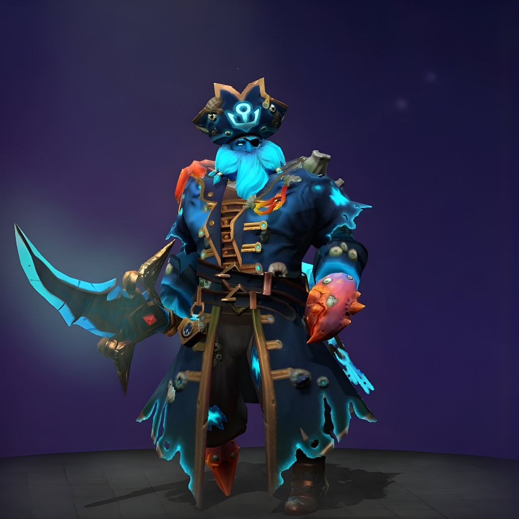 Kunkka's "Seaborne Reprisal" Mythical set from The International 2017 Collector's Cache. This skin transforms him into a ghostly revenant, featuring a translucent blue-green coat and tricorn hat, vibrant orange coral growths, and a uniquely modeled Phantom Cutlass glowing with cyan energy. He stands against a dark background, ready for battle.