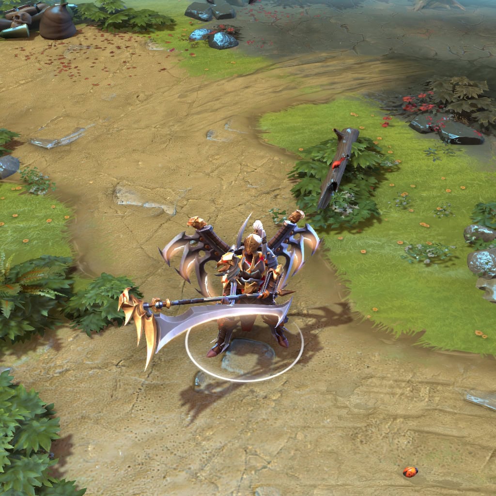 Legion Commander shown in-game wearing the Bird of Prey set. The intimidating bladed war banner, full-faced golden helmet, and oversized scythe-like polearm are clearly visible, showcasing the set's unique and commanding presence during a match.