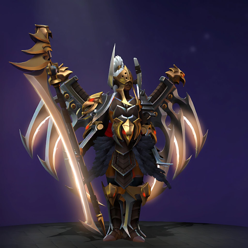 Legion Commander's "Bird of Prey" Diretide 2022 Collector's Cache II set. Features dark, feathered armor with bold golden accents, a full-faced raptor helmet, and pauldrons shaped like hawk heads. She wields an oversized scythe-like polearm and wears a massive bladed war banner resembling folded metallic wings.
