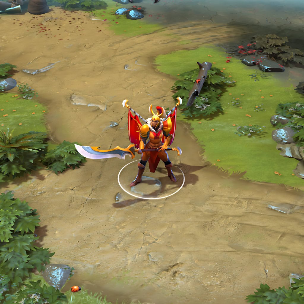 A gameplay screenshot of Legion Commander's default model in Dota 2. This serves as a baseline to contrast with the enhanced in-game silhouette and aggressive, avian-inspired aesthetic of the Bird of Prey cosmetic set.