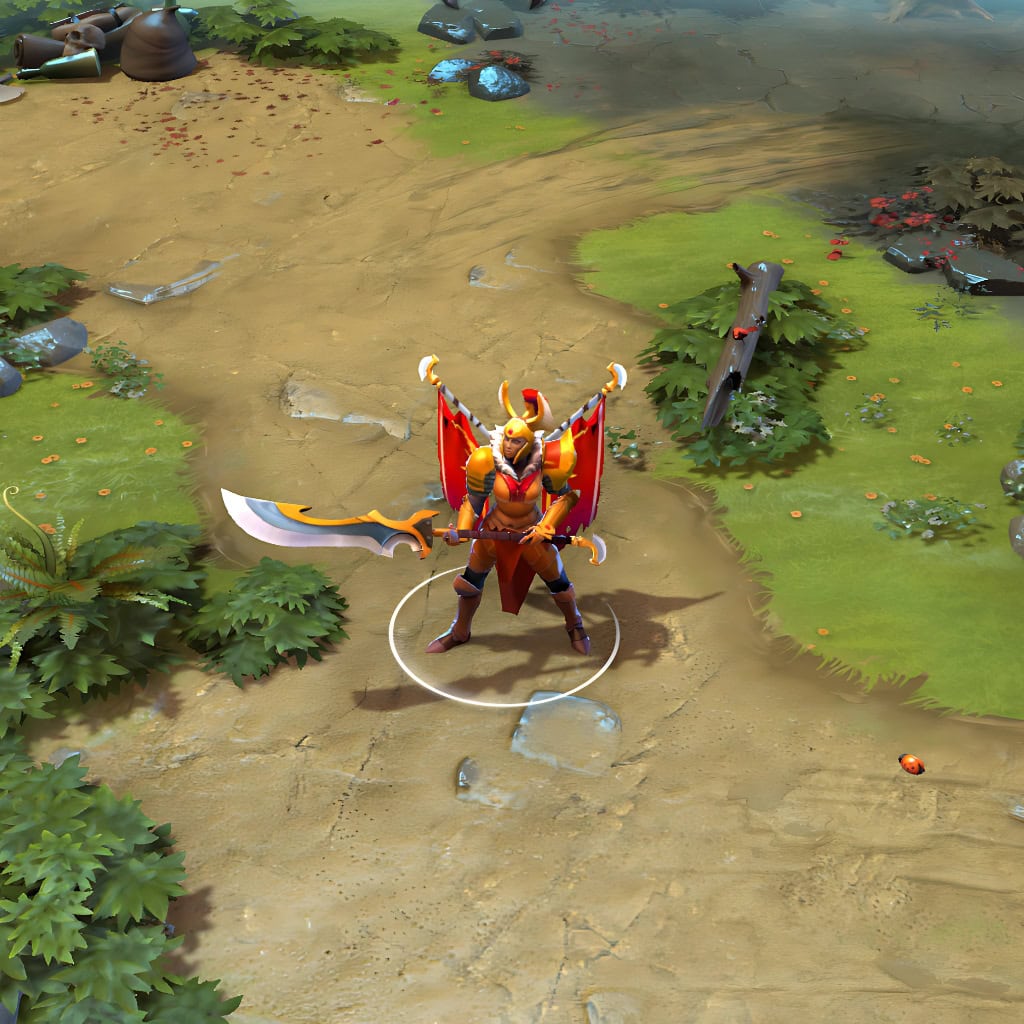 A gameplay screenshot of Legion Commander's default model in Dota 2. This serves as a baseline to contrast with the stunning visual effects, radiant glows, and fiery animations of the Triumph of the Imperatrix cosmetic set, ensuring duels are unforgettable and signaling focused intent.