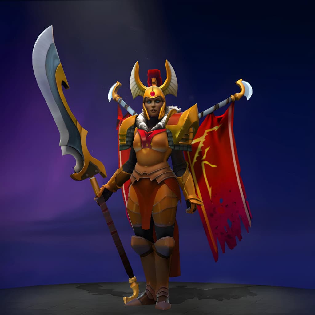 The default skin of Legion Commander, shown for comparison with the Bird of Prey set. This highlights the transformation from her standard Bronze Legion armor and banners to a fierce sky-hunter with a raptor helm, bladed wings, and a scythe-like polearm.
