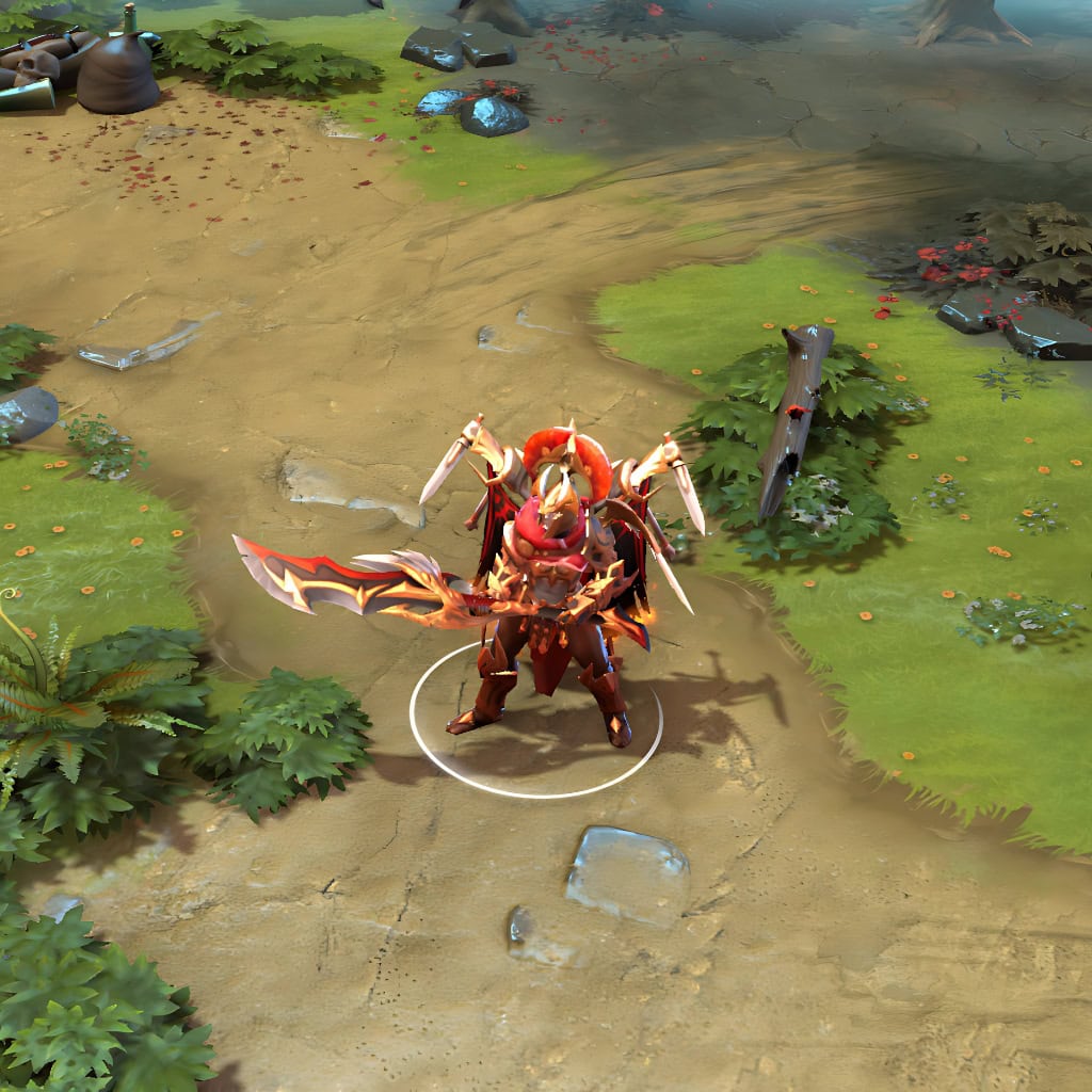 Legion Commander shown in-game wearing the Triumph of the Imperatrix set. Her ornate, gleaming golden and dark red armor, majestic horned helmet with a vibrant red plume, fearsome halberd, and cape flowing with fiery animations are clearly visible, showcasing the set's full impact during a Dota 2 match.